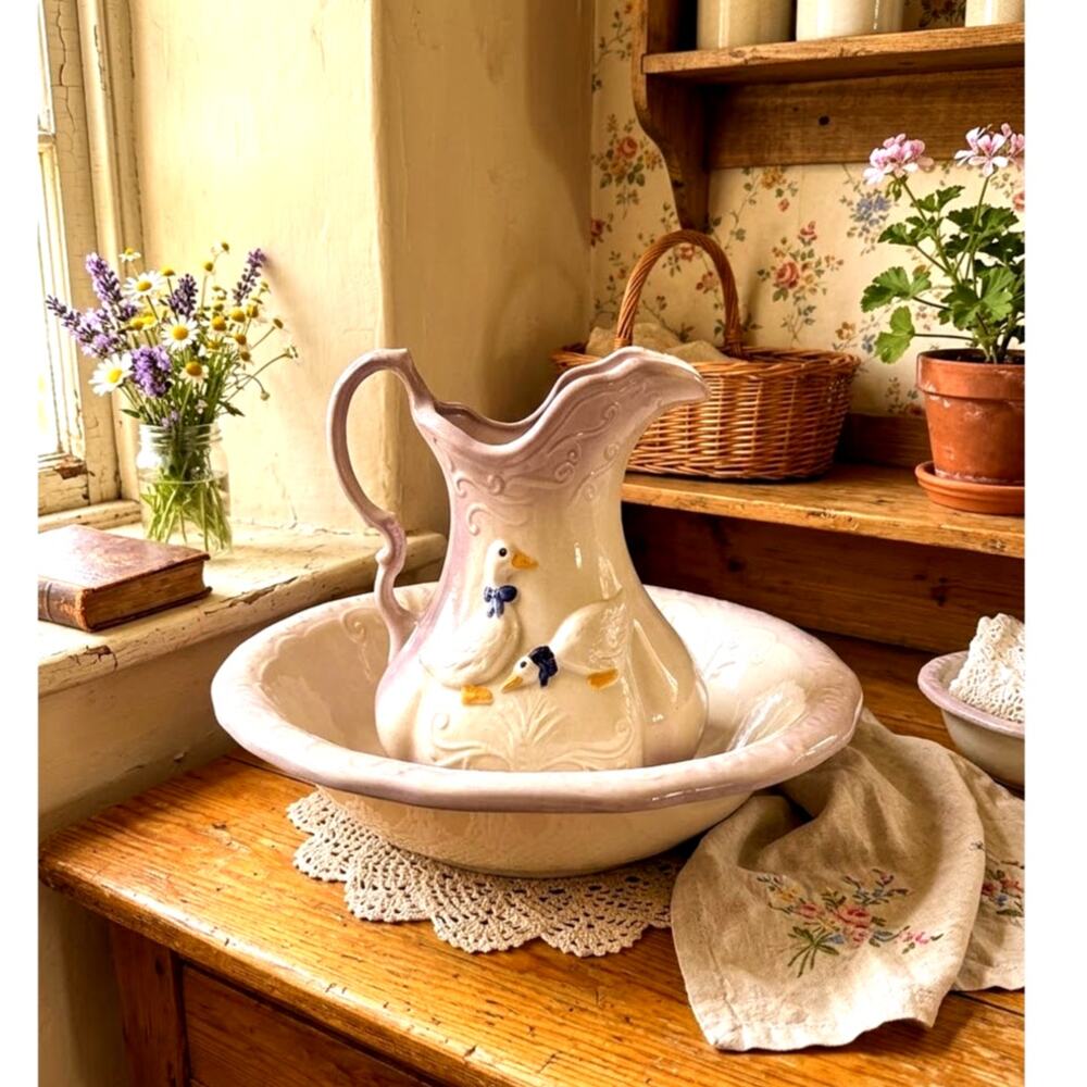 Ceramic goose pitcher & basin embossed geese floral scrollwork purple ombre rim